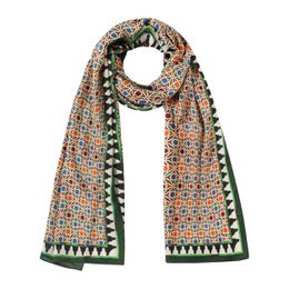 Nazarí Large Scarf - A vibrant, patterned scarf featuring a mix of colors including orange, blue, and green. The scarf has an intricate, geometric design with a mix of shapes and textures, creating a stylish and eye-catching accessory.