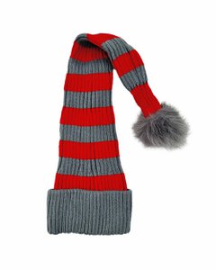 Kerstmuts - Rood/grijs gestreepte platgebreide bontpompon