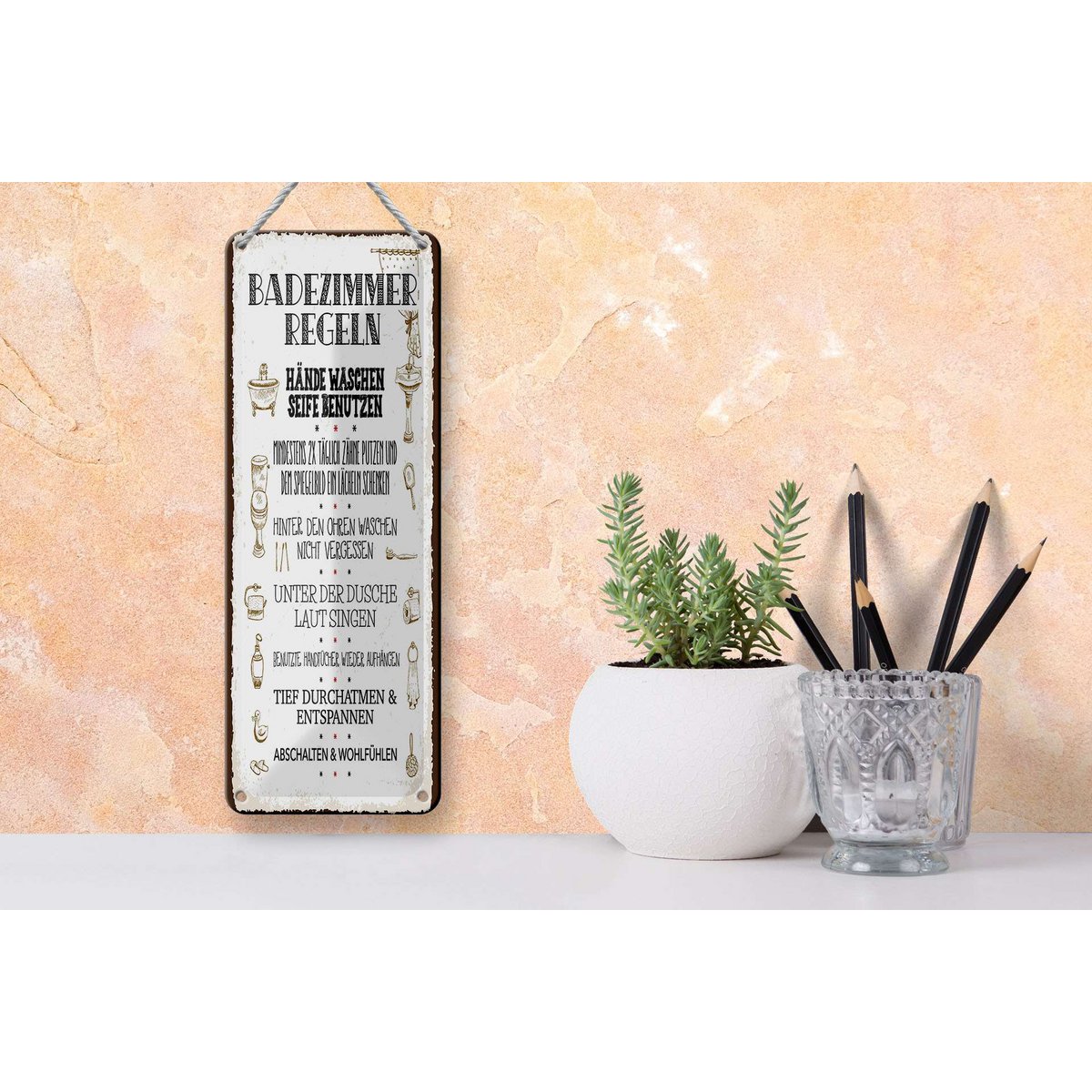 Blechschild Spruch 27x10 cm Badezimmer Regeln 7 Aufgaben Deko Schild