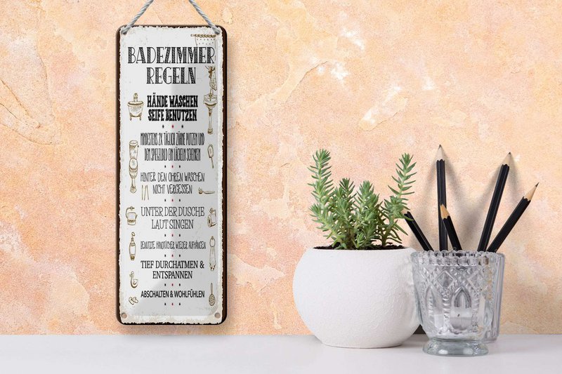 Blechschild Spruch 27x10 cm Badezimmer Regeln 7 Aufgaben Deko Schild