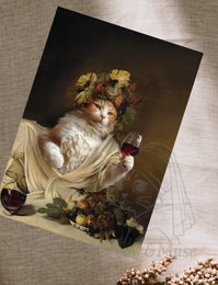 A postcard featuring a cat wearing a floral wreath, sitting among flowers and leaves.