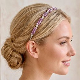 Purple crystal beaded headband with black metal, elegant hair accessory for updo hairstyles.