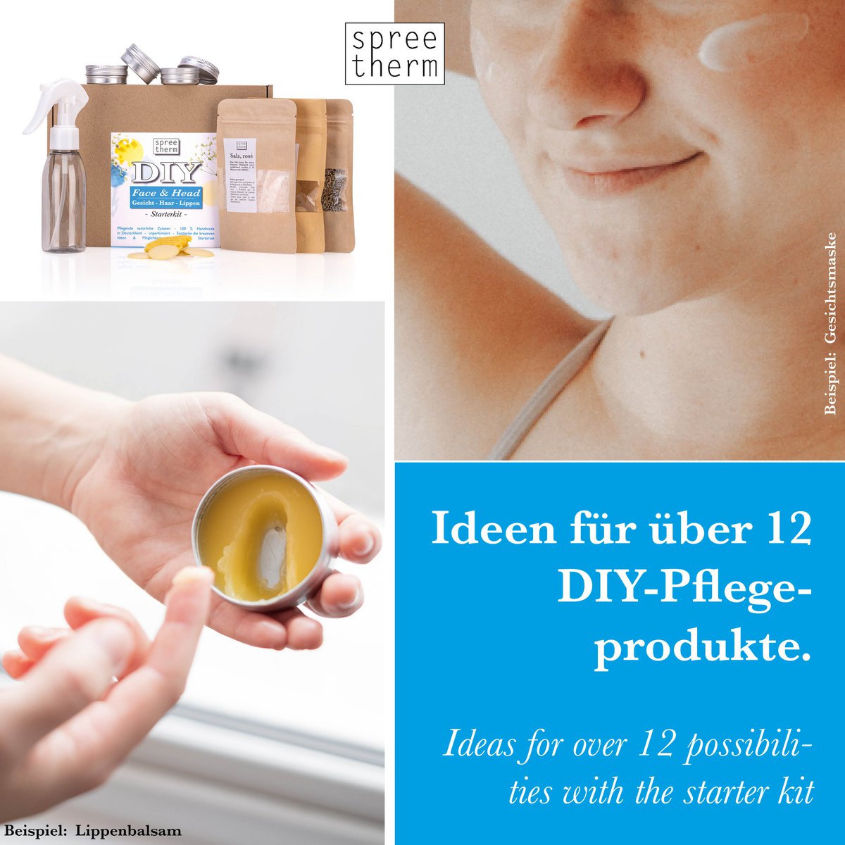 set fai da te per la cura di CAPELLI - VISO - LABBRA di spreetherm con flacone spray in materiale riciclato, ingredienti naturali e molto altro. %23 dono di cura