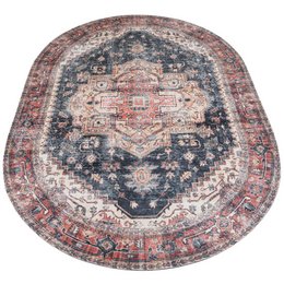 Oval red and navy area rug with intricate traditional Persian design pattern. Measures 160 x 230 cm.