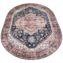 Oval red and navy area rug with intricate traditional Persian design pattern. Measures 160 x 230 cm.