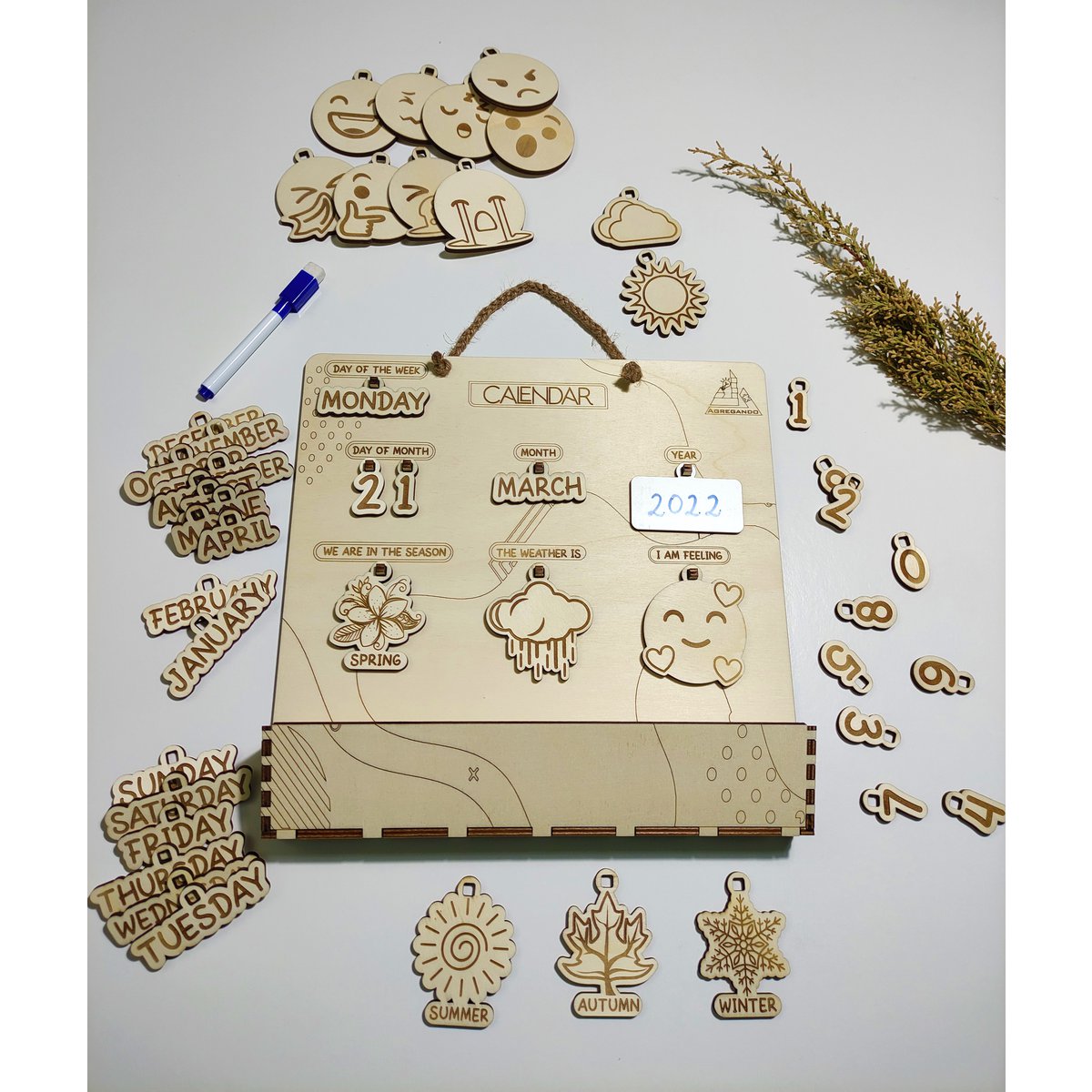 Calendario perpetuo de madera, rastreador de tiempo y clima, regalo Montessori para niños