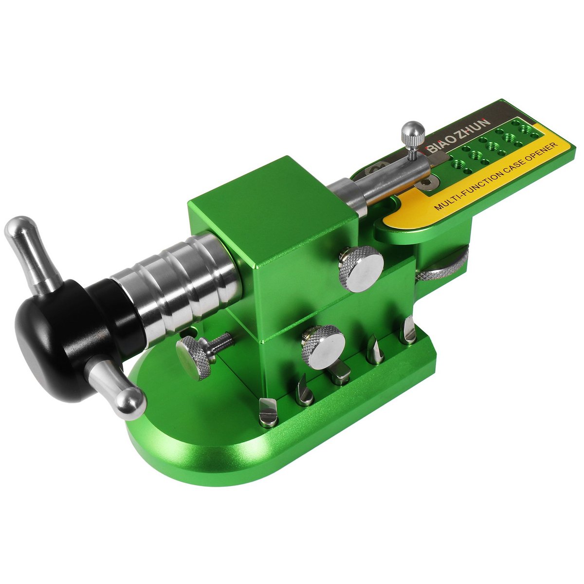 Multifunctional tool: case opener, strap shortener and tube presser, stainless steel, green