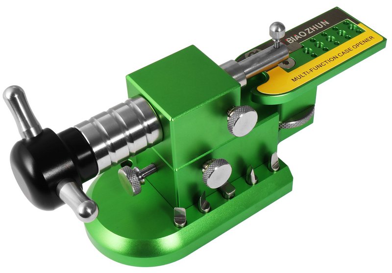 Multifunctional tool: case opener, strap shortener and tube presser, stainless steel, green