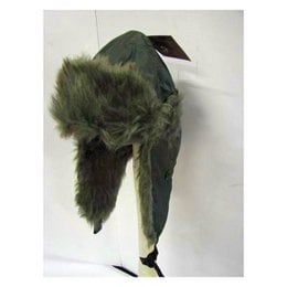 Green and brown fuzzy winter hat with furry ear flaps and long tail design.