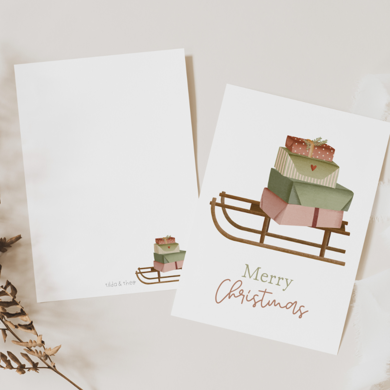 Cartolina di Natale Regali con la slitta - Cartolina di Natale Slitta di Natale