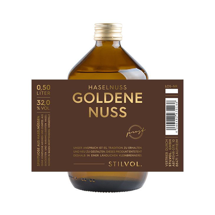 Haselnuss-Schnaps "Goldene Nuss" mit 32% Alkohol von STILVOL. — Natürliche Haselnuss Spirituose aus Deutschland (ohne Zusätze/Aromen)