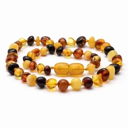  Amber necklace with a variety of colored beads, including yellow, brown, and black. The necklace is made of woven bracelets and is suitable for babies and children.