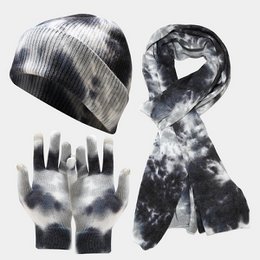 Tie-dye Knitted Hat Gloves Scarf Set Ladies