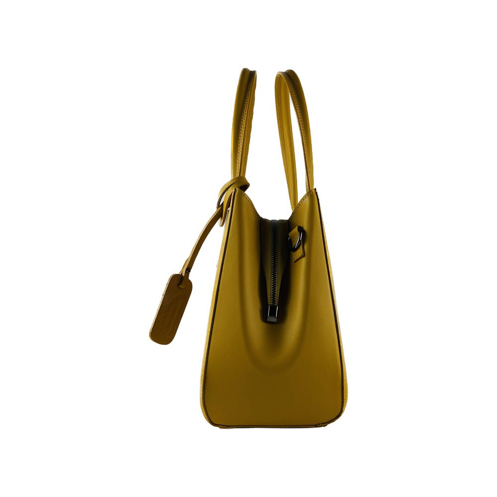 RB1004R | Bolso de Mano en Piel Auténtica Made in Italy con bandolera extraíble y mosquetones de metal color bronce - Color mostaza - Dimensiones: 33 x 25 x 15 cm + Asas 13 cm