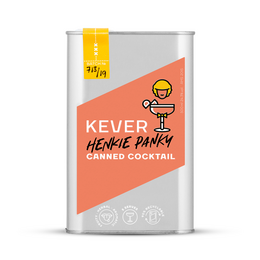 Kever Henkie Panky canned cocktail, an alcoholic beverage with a vibrant orange color and a playful, whimsical design.