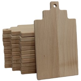 Rectangular wooden serving board, made of light-colored wood, with a simple, minimalist design and a hanging hole for easy storage.