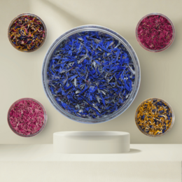 Assorted edible flower sprinkles in blue, pink, and yellow colors. Includes classic mix, tropical mix, and individual color options in different sizes for home and commercial use.
