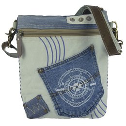 Sunsa Bæredygtig Skuldertaske til kvinder. Skuldertaske lavet af genbrugte jeans & canvas (canvas). Håndtaske i vintage retro stil. Crossbody taske til kvinder med maritimt motiv