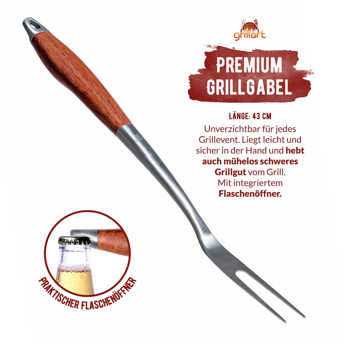 Juego de cubiertos grillart® premium grill, 3 piezas de acero inoxidable de alta calidad y elegantes mangos de madera