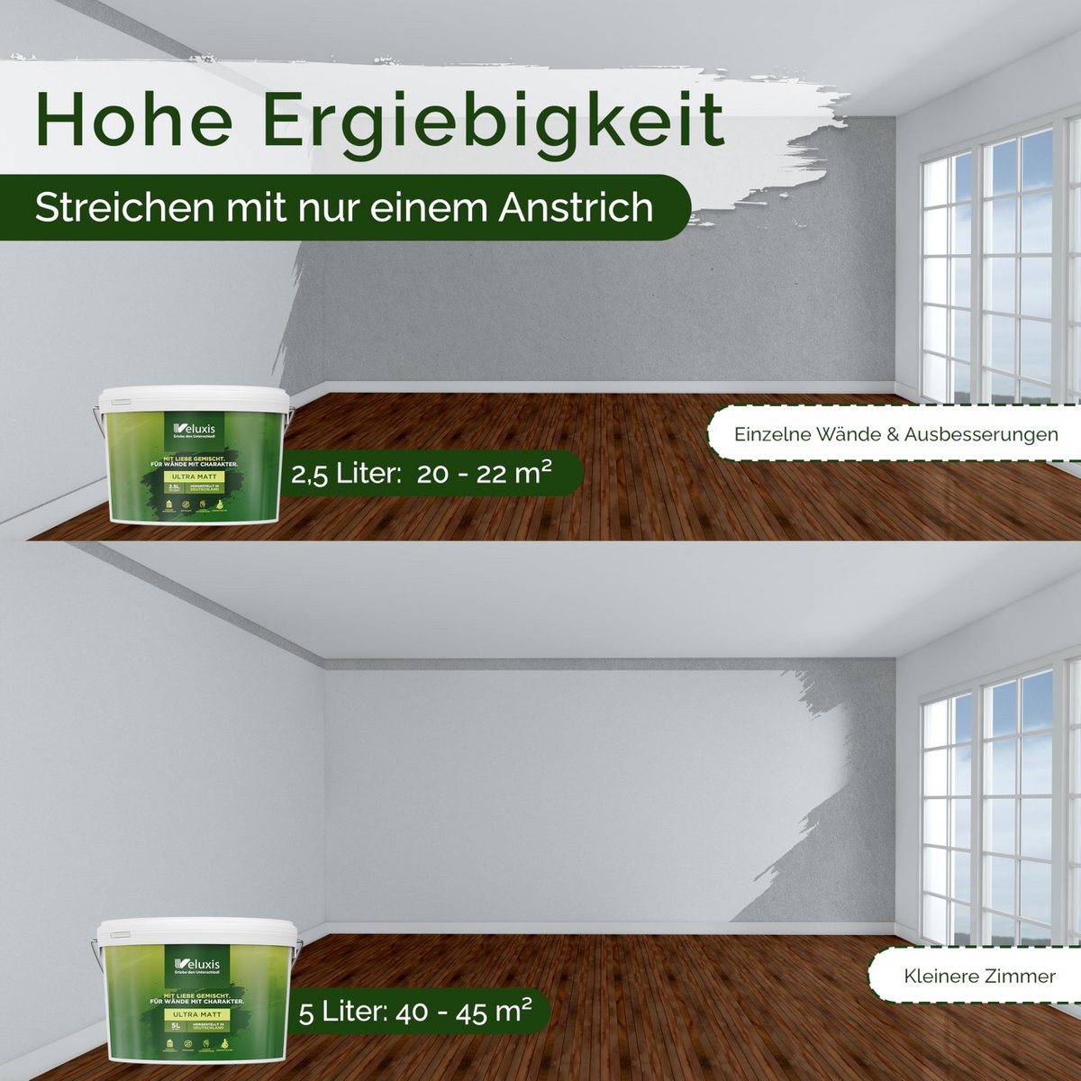 Veluxis® Wandfarbe Grau für den Innenraum - 2,5 Liter & Deckkraft-Klasse 1, Streifenfrei, tropfarm & Öko Farbe, VOC-frei - (Sesame Ice Cream)