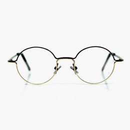 Round, metal-framed eyeglasses in black gold and black silver colors.