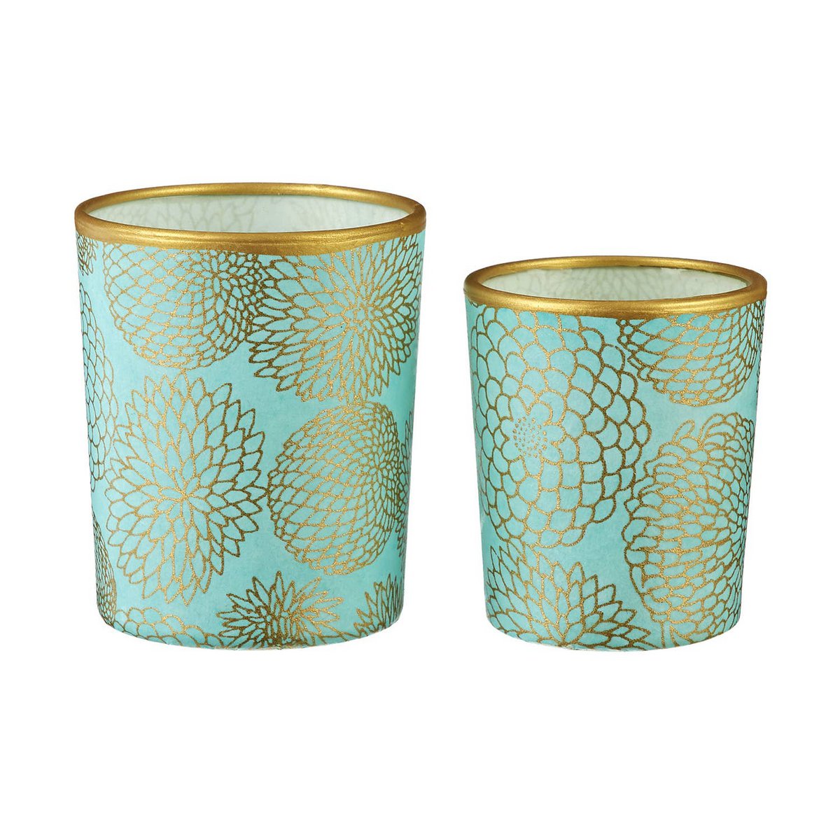 Kleine theelichthouder van glas & Chiyogami-papier | Grote chrysant / Mint | Met de hand gemaakt