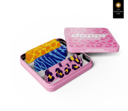 Pink and purple plastic bandage dispenser with the word "Dapp" printed on it.