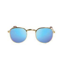  Gold-framed doll sunglasses with blue mirrored lenses