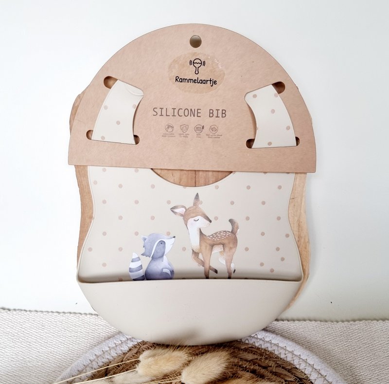 Bibs di silicone con cervo e procione a goccia - beige