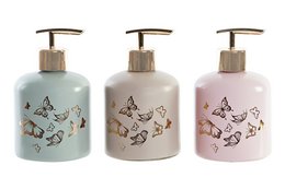 Glass dispenser with butterfly design, available in 3 color variations - mint, pink, and beige. Measures 8x8x14 inches and holds 500ml of liquid. Suitable for soap, lotion, or other bathroom products.