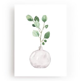 Watercolor art print featuring a vase with eucalyptus leaves. The print showcases the natural beauty of the eucalyptus plant with its green leaves and minimalist design.