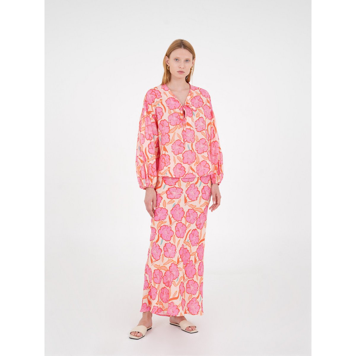 Goudsbloem roze bloemenprint blouse