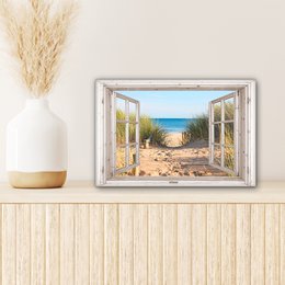 Canvas Maleri - Wall Decoration - View - Beach - Sea - Dunes - Sand - Water - Helmgras