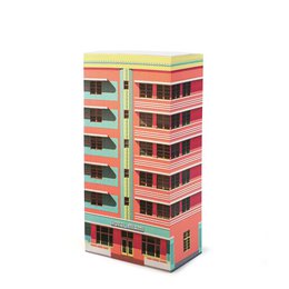  Colorful, modern notepad with a retro-inspired design featuring a multi-story building in shades of red, orange, and green.