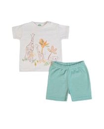 Organic t-shirt and shorts set for baby, featuring a playful giraffe and flower print in ecru and green colors. Suitable for ages 3 months to 36 months.