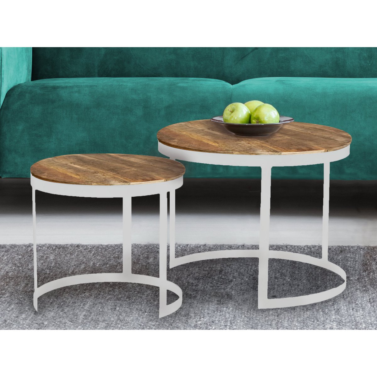 Mesa de centro, juego de 2, mesa auxiliar, mesa de salón, estructura redonda de metal Austin, plata antigua o negro