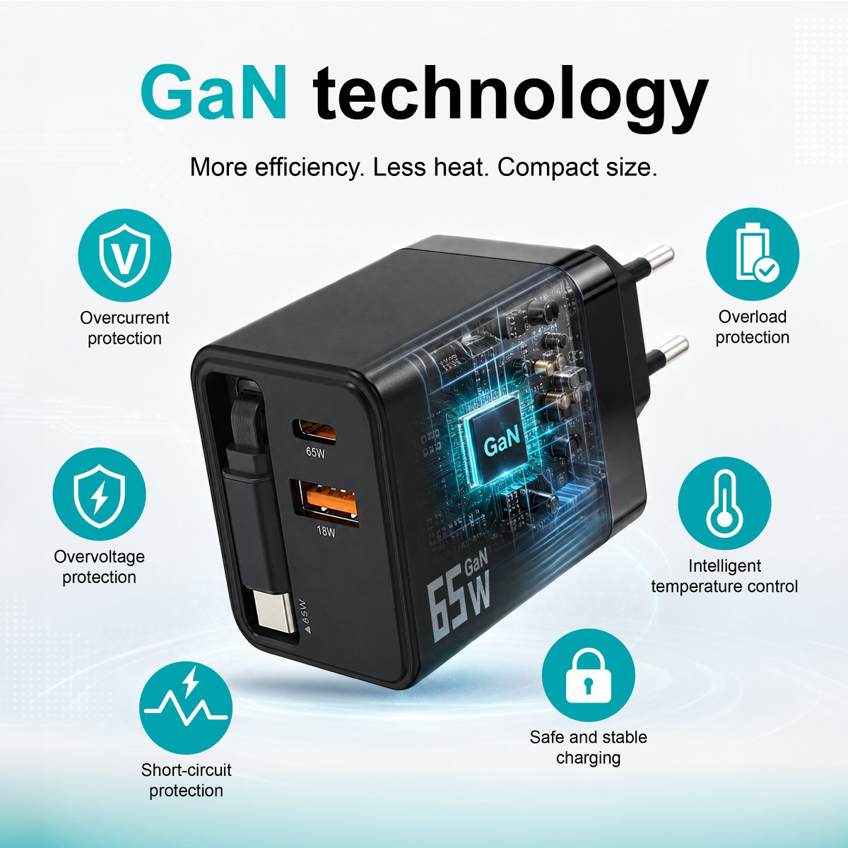 Cargador GaN de 65W con cable USB-C retráctil – NOVOTECK C-024