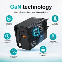 Cargador GaN de 65W con cable USB-C retráctil – NOVOTECK C-024