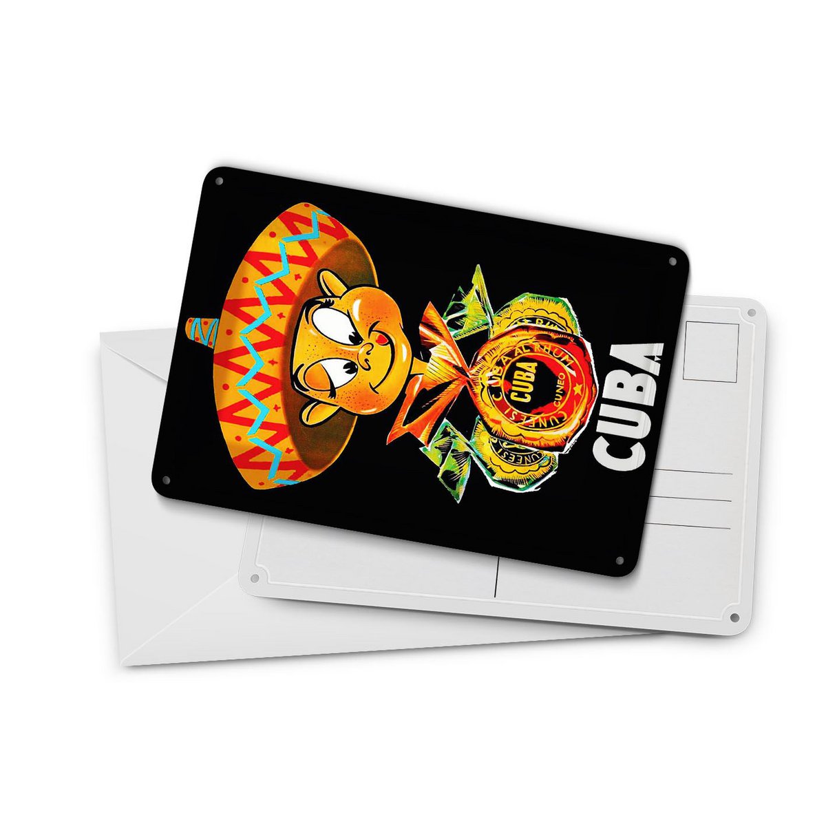 Cartolina da viaggio in latta 10x14 cm Cuba Caraibi maschio con cartello decorativo sombrero