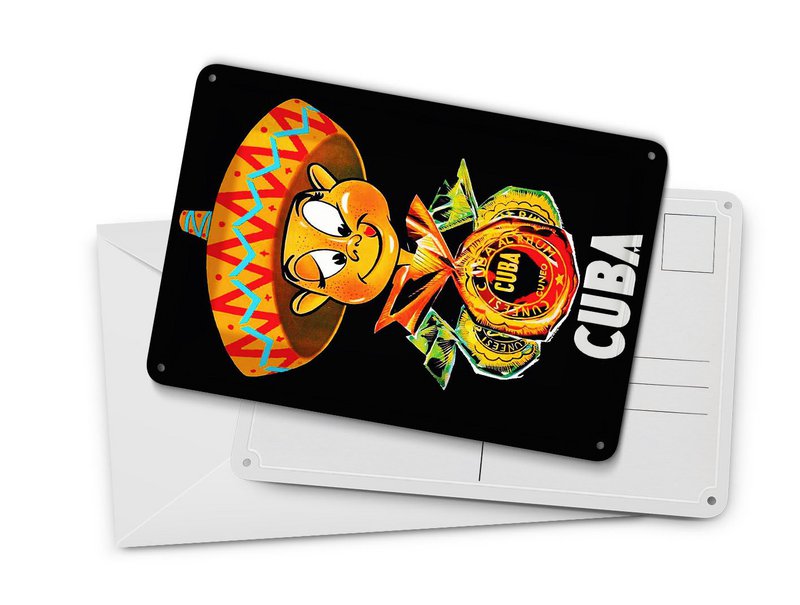 Cartolina da viaggio in latta 10x14 cm Cuba Caraibi maschio con cartello decorativo sombrero
