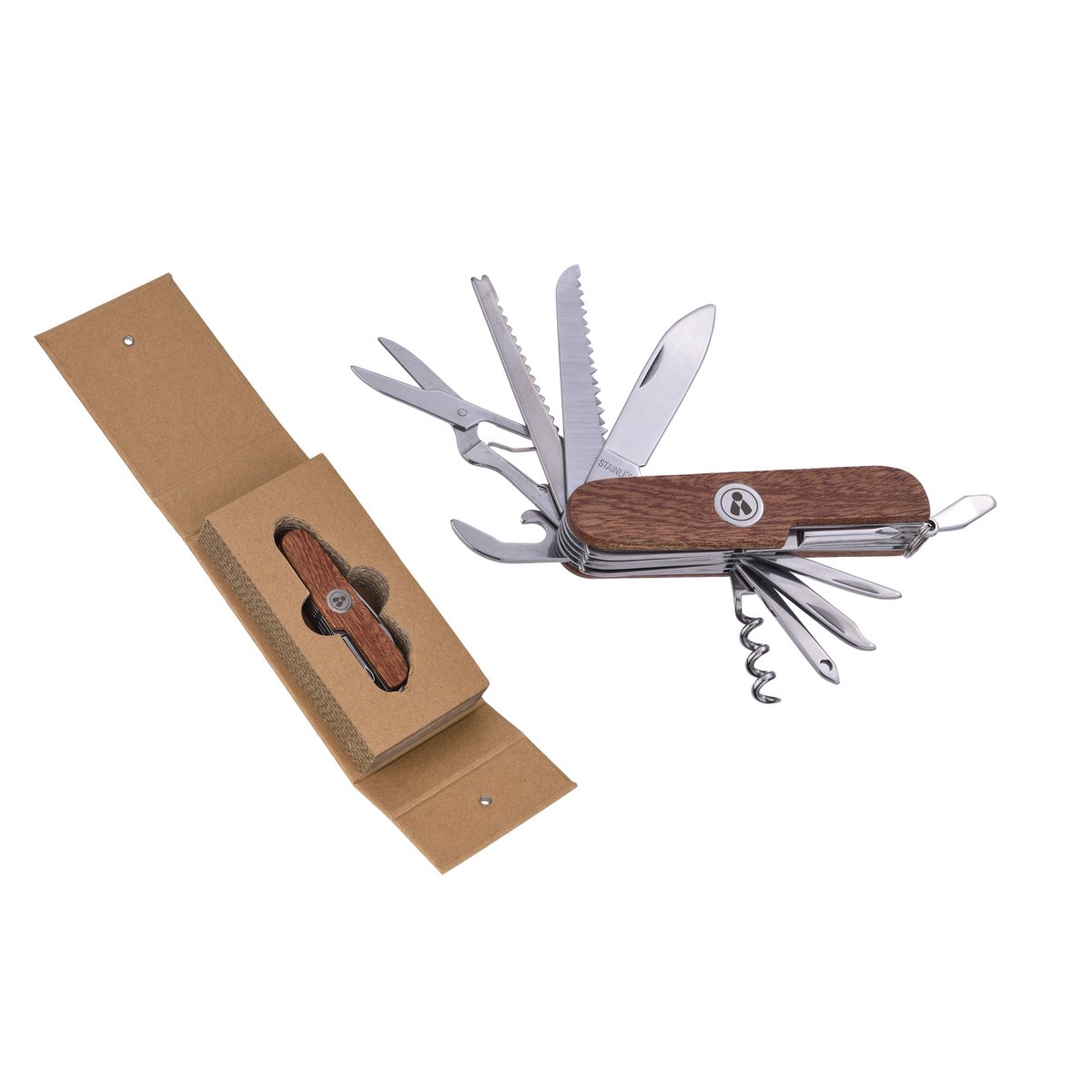 Cuchillo multifuncional con mango de sándalo rojo.