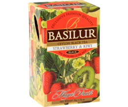 Strawberry and kiwi flavored tea sachets in a colorful box with fruit imagery.