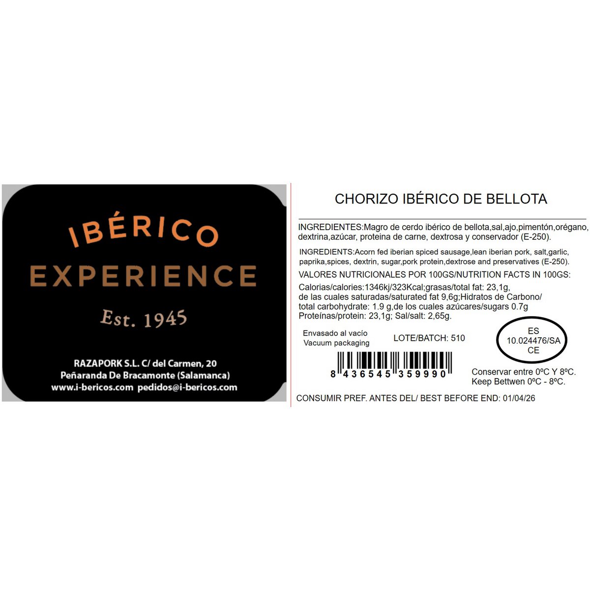 Iberian acorn chorizo ​​1.1-1.3 kg