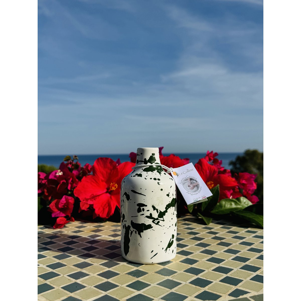 Handgemachte Ölflasche Ölspender Ölkännchen Keramikflasche "Schizzata" für Olivenöl & Essig aus Italien