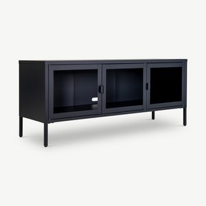 Darwin TV Stand, Black Steel & Glass doors