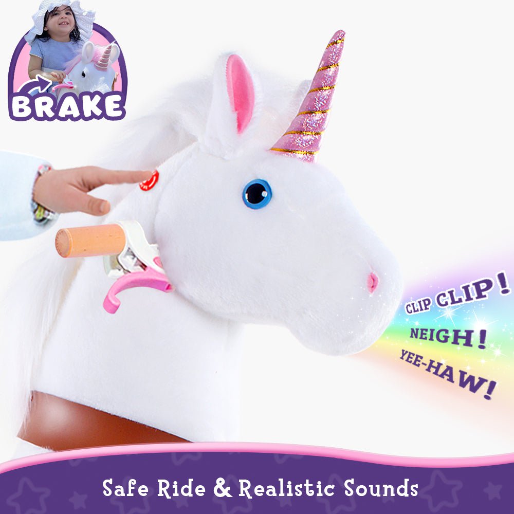 PonyCycle Official Classic Ride on Toys Modèle U Licorne blanche, rose et violette - avec frein et son