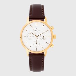 Gold-toned watch with a 38mm case, brown leather strap, and a chronograph dial.