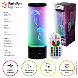 Multicolor RGB jellyfish lamp with USB and battery power, remote control, and color changing effects. Suitable for party, home, or office decor.
