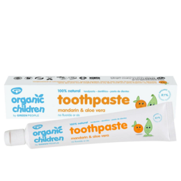 Organic children's toothpaste in mandarin flavor. Contains natural ingredients and is safe for kids.
