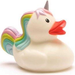A white rubber duck with a unicorn horn and rainbow-colored wings. This bath toy is designed for kids and features a whimsical, magical design.